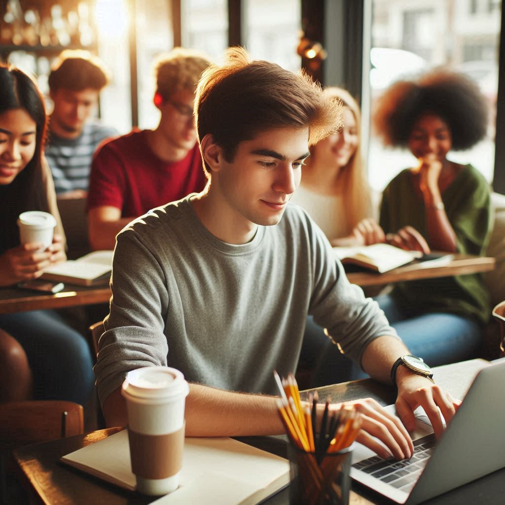 best-online-colleges-in-alabama - A student studying on a computer in a cafe in Alabama